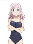  1girl :o arms_under_breasts artist_name black_one-piece_swimsuit blue_eyes blunt_bangs breasts commentary coro_fae covered_navel cowboy_shot crossed_arms dot_nose fujiwara_chika highres kaguya-sama_wa_kokurasetai_~tensai-tachi_no_renai_zunousen~ long_hair looking_at_viewer no_hair_bow one-piece_swimsuit parted_lips pink_hair simple_background solo standing swimsuit white_background 