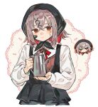  1girl absurdres bandaid bandaid_on_face black_dress chibi chibi_inset chinese_commentary coffee_pot colored_inner_hair commentary_request dopperu_ben dress grey_hair hair_ornament hairclip headscarf highres holding_coffee_pot long_sleeves looking_at_viewer mahou_shoujo_no_majo_saiban multicolored_hair neck_ribbon official_alternate_costume red_eyes red_ribbon ribbon shirt shito_alisa short_hair treasure_cafe white_background white_shirt x_hair_ornament 