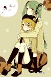  bad_id bad_pixiv_id blonde_hair braid green_hair hair_ornament hairclip hat hatsune_miku headphones hug hug_from_behind kagamine_rin kneehighs kneeling long_hair multiple_girls prin_dog shoes short_hair sitting smile twin_braids twintails vocaloid 