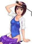  arm_support badminton_racket black_eyes brown_hair one-piece_swimsuit open_clothes open_shirt original racket saitani_umetarou school_swimsuit shirt short_hair sitting skirt skirt_pull solo swimsuit swimsuit_under_clothes unzipped 