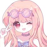  1girl artist_request balloon bare_arms bare_shoulders belt belt_buckle belt_collar blunt_bangs brown_eyes buckle chinese_commentary collar collarbone commentary_request dot_nose dress eyelashes eyewear_on_head frilled_dress frills grey_belt happy highres light_blush light_particles long_hair long_sidelocks looking_at_viewer nikki_(nikki) nikki_(series) novelty_glasses one_eye_closed open_mouth pink-framed_eyewear pink-tinted_eyewear pink_hair purple_dress purple_ribbon ribbon round_eyewear second-party_source shining_nikki sidelocks simple_background smile solo sparkle spiked_belt strapless strapless_dress sunglasses tareme tinted_eyewear twisting_party_(shining_nikki) upper_body v wavy_hair white_background 