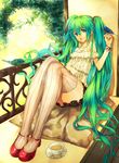  bird cup green_eyes green_hair hatsune_miku long_hair modern_afro sitting skirt solo striped striped_legwear teacup thighhighs twintails vertical-striped_legwear vertical_stripes very_long_hair vocaloid 