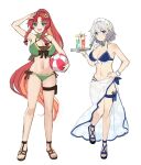  2girls ball beachball belt bikini blue_bikini blue_eyes braid braided_sidelocks breasts cocktail_glass commentary_request cup drinking_glass drinking_straw green_bikini green_eyes hair_ornament highres holding holding_ball holding_tray hong_meiling izayoi_sakuya long_hair looking_at_viewer maid maid_bikini maid_headdress multiple_girls navel o-ring o-ring_top open_mouth ponytail red_hair ruhika sandals sarong short_hair side-tie_bikini_bottom simple_background smile star_(symbol) star_hair_ornament swimsuit thigh_belt thigh_strap touhou tray unconventional_maid white_background white_hair white_sarong white_wrist_cuffs wrist_cuffs 