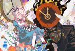  1girl 1other alice's_adventures_in_wonderland alice_(alice_in_wonderland) alice_(alice_in_wonderland)_(cosplay) apron aqua_bow aqua_bowtie back_bow blue_dress bouquet bow bowtie brown_gloves brown_jacket chain checkered_apron checkered_bow checkered_bowtie checkered_clothes chinese_commentary clock commentary_request cosplay dante_(limbus_company) dated_commentary dress faust_(project_moon) flaming_head flower gloves hair_bow highres holding holding_bouquet ivy_(675671) jacket juliet_sleeves lapels leaf limbus_company long_sleeves mad_hatter_(alice_in_wonderland) mad_hatter_(alice_in_wonderland)_(cosplay) notched_lapels object_head project_moon puffy_sleeves red_flower red_rose rose 