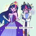  2girls :d bare_shoulders black-framed_eyewear black_hair blue_sweater blush breasts center-flap_bangs closed_mouth coat colored_skin cowboy_shot crossed_arms double-parted_bangs dress dual_persona earrings element_of_magic elements_of_harmony english_text eyebrows_hidden_by_hair glasses gloves goggles goggles_on_head gold_tiara green_background hair_between_eyes hair_bun hands_up hashtag-only_commentary highres index_finger_raised jewelry lab_coat lapels long_dress long_hair long_skirt long_sleeves meme multiple_girls my_little_pony my_little_pony:_equestria_girls my_little_pony:_friendship_is_magic official_alternate_costume official_alternate_hair_length official_alternate_hairstyle open_clothes open_coat open_mouth pantyhose pencil pink_hair pink_skin pleated_skirt purple_dress purple_eyes purple_gloves purple_hair purple_pantyhose purple_skirt rectangular_eyewear ridumax sci-twi semi-rimless_eyewear short_hair sidelocks simple_background single_hair_bun skirt small_breasts smile sparkle standing straight_hair strapless strapless_dress sweater teardrop_earrings tiara tsurime turtleneck turtleneck_sweater twilight_sparkle twilight_sparkle_(human) twitter_username very_long_hair white_coat white_gloves 