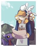  1boy backpack bag black_sclera blonde_hair closed_eyes cloud colored_sclera commentary_request day gabite ginkgo_guild_uniform hair_over_one_eye hat holding holding_map long_sleeves male_focus map outdoors pokemon pokemon_(creature) pokemon_legends:_arceus sky togetic volo_(pokemon) zowpltvujg13047 