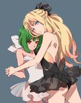  blonde_hair blue_eyes blush green_hair holding_hands kunie_(seppa) leotard long_hair looking_at_viewer macross macross_frontier multiple_girls ranka_lee sheryl_nome simple_background 