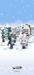  4girls ^_^ absurdres amiya_(arknights) animal_ear_fluff animal_ears arknights artist_request bare_tree bird_ears bird_girl black_gloves black_pantyhose blue_eyes blue_scarf blue_skirt brown_hair cellphone chinese_commentary closed_eyes closed_mouth commentary_request ex_astris extra_ears gloves grey_hair highres holding holding_phone hypergryph jewelry miniskirt multiple_girls multiple_rings official_art open_mouth orange_hair pantyhose perlica_(arknights) phone ponytail popucom rabbit_ears rabbit_girl ring scarf selfie skirt smartphone smile snow snowball snowman squatting standing tree v vi3_(ex_astris) 