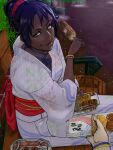  bench bleach breasts corn dark-skinned_female dark_skin festival food highres japanese_clothes jewelry kimono large_breasts necklace night on_bench ponytail pov pov_hands purple_hair shihouin_yoruichi sitting summer_festival tata_(pixiv57531723) toned toned_female wooden_bench yellow_eyes yukata 