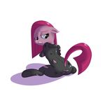  blue_eyes catsuit female feral friendship_is_magic hair khorme looking_back my_little_pony pink_hair pinkamena_(mlp) pinkie_pie_(mlp) plain_background rubber rubber_suit solo suggestive vector white_background 