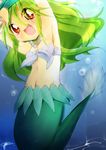  green_hair jewelry long_hair mermaid midriff monster_girl muromi-san nakoumi_kokoro namiuchigiwa_no_muromi-san navel necklace red_eyes scales seashell shell solo twintails two_side_up 
