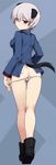  animal_ears ass bad_id bad_twitter_id blush dog_ears dog_tail green_eyes jpeg_artifacts laura_toth looking_at_viewer looking_back military military_uniform null_(nyanpyoun) panties short_hair silver_hair solo tail underwear uniform world_witches_series 