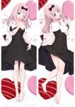  1girl ;d barefoot black_bow black_dress blue_eyes blunt_bangs bow breasts commentary_request dakimakura_(medium) dress finger_to_mouth fujiwara_chika hair_bow heart heart-shaped_pillow kaguya-sama_wa_kokurasetai_~tensai-tachi_no_renai_zunousen~ long_hair lying medium_breasts moeanime multiple_views on_back on_stomach one_eye_closed open_mouth pillow pinafore_dress pink_hair school_uniform shirt shushing shuuchiin_academy_school_uniform sleeveless sleeveless_dress smile summer_uniform white_shirt 