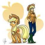  apple applejack_(mlp) blonde_hair boots clothed clothing cowboy_boots cowboy_hat cutie_mark duo equine female feral freckles friendship_is_magic fruit fur glancojusticar green_eyes hair hat high_five horse human humanized mammal my_little_pony orange_fur plain_background pony shirt shoes smile white_background 