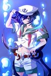  anchor arm_up bad_id bad_pixiv_id belt black_hair blue_eyes bubble dress groin hat highres kokuri looking_at_viewer midriff murasa_minamitsu navel neckerchief open_clothes open_shorts sailor_dress sailor_hat short_hair short_sleeves shorts smile solo touhou underwater 