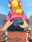  1boy 1girl ass biker_clothes blonde_hair blue_sky bow clothed_female_nude_male cloud denim denim_shorts english_commentary facing_away from_behind hair_bow hands_on_another's_ass highres jacket jewelry lipstick_mark lipstick_mark_on_arm lipstick_mark_on_hand long_hair mario_(series) mario_kart mario_kart_world mosbles_(mosbles7) motion_blur navel nude outdoors pink_bow pink_jacket pink_lips ponytail pov pov_crotch princess_peach princess_peach_(touring) shorts sky solo_focus sound_effects thigh_sex 