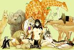  animal bird black_hair bunny deer duck fox giraffe horns ichimoku_(tansio5) indian_style jojo_no_kimyou_na_bouken kars_(jojo) kingfisher lion long_hair looking_at_viewer mallard midriff monkey navel ostrich owl pelican penguin rhinoceros simple_background sitting squirrel stomach tiger topless weasel wolf yellow_background 