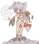  :3 ahoge animal_ears animal_feet bare_legs bare_shoulders black_souls black_souls_2 blush bottle braid breasts clock_necklace clothes_on_floor covered_nipples debuffs_only english_text hair_over_eyes hand_up heart highres holding holding_bottle long_braid long_hair looking_at_hand mummy_costume navel nipples node_(black_souls) orange_eyes orange_ribbon rabbit_ears rabbit_tail ribbon robe small_breasts smug speech_bubble tail thought_bubble white_background white_hair white_robe 