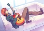  acoustic_guitar bad_id bad_pixiv_id blush carnelian couch gibson gibson_hummingbird guitar happy headphones instrument ittoki_otoya red_eyes red_hair school_uniform uta_no_prince-sama 