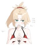  1girl absurdres bikini blonde_hair breasts commentary_request fate/grand_order fate_(series) front-tie_bikini_top front-tie_top green_eyes highres mordred_(fate) mordred_(swimsuit_rider)_(fate) mordred_(swimsuit_rider)_(first_ascension)_(fate) nakamoto_(kutqbqre) ponytail red_bikini small_breasts solo steepled_fingers sweatdrop swimsuit upper_body 