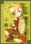  blonde_hair blue_eyes blush food itaru jacket kagamine_len male_focus mouth_hold pocky sitting solo vocaloid younger 
