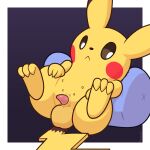 1:1 2024 3_toes 4_fingers absurd_res animal_genitalia balls black_ear_tips border cheek_spots dipstick_ears ear_markings erection feet feral fingers fur fuzzo generation_1_pokemon genitals hi_res looking_at_viewer male multicolored_ears nintendo on_pillow penis pikachu pillow pokemon pokemon_(species) reclining sheath simple_background solo teats toes white_border yellow_body yellow_fur