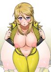  areolae blonde_hair blush bodysuit breasts chestnut_mouth jumpsuit large_areolae large_breasts long_hair looking_at_viewer mita_kurumi mori_yuki nipples open_clothes purple_eyes solo sweat uchuu_senkan_yamato uchuu_senkan_yamato_2199 undressing yellow_bodysuit zoom_layer 