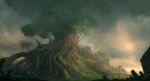  1girl cloud cloudy_sky dawn from_behind giant_tree grass jjcanvas landscape light_particles moss original painterly rock signature sky tree 