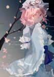  1girl blue_dress branch bug butterfly character_name cherry_blossoms commentary dated dress frilled_dress frills from_side hat highres looking_at_viewer mob_cap pink_eyes pink_hair saigyouji_yuyuko short_hair solo symbol-only_commentary touhou wssjzwcmd 