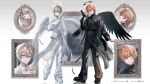  2boys angel_wings arm_at_side asymmetrical_clothes asymmetrical_coat azuma_hatori belt belt_buckle black_belt black_halo black_jacket black_nails black_pants black_shirt black_shoes black_vs_white blue_bow blue_eyes blue_gemstone blue_nails body_chain bow brown_hair buckle chain chain_choker choker closed_mouth cloud_tattoo coat collared_shirt copyright_notice corset cross cross-laced_pants cross_earrings crossed_bangs crown_of_thorns earclip earrings expressionless facial_tattoo feathered_wings frilled_pants frilled_shirt frills full_body gem gradient_background grey_background gun hair_between_eyes halo hand_on_own_hip hand_up handgun harness highres holding holding_gun holding_weapon indie_utaite jacket jewelry kooku_(utaite) lapel_pin lapels long_sleeves looking_at_viewer male_focus multiple_belts multiple_boys multiple_rings multiple_views nail_polish notched_lapels o-ring o-ring_belt off_shoulder official_art open_clothes open_coat open_jacket orange_eyes orange_gemstone orange_hair pants parted_lips pearl_choker pendant_choker picture_frame platform_shoes pouch profile reflective_floor ring safety_pin see-through_clothes see-through_coat shirt shoes short_hair side-by-side simple_background sleeves_past_wrists smile soravvn spiked_halo standing tattoo thigh_strap tile_floor tiles triangle_ring trigger_discipline turtleneck turtleneck_shirt undershirt upturned_eyes utaite waist_cape weapon white_background white_belt white_choker white_coat white_corset white_pants white_shoes white_wings wings zoom_layer 