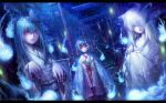  3girls animal_ears blue_eyes blue_fire blue_hair chihaya_(clothing) commentary_request cowboy_shot fingernails fire flower fox_ears fox_girl ghost hair_between_eyes hakama hakama_skirt haori hitodama horns japanese_clothes kimono letterboxed lips long_hair long_sleeves looking_at_viewer miko misaki_(kyal_001) multiple_girls multiple_torii original outdoors parted_lips rain realistic red_eyes red_flower red_skirt shiroshouzoku short_hair shrine skin-covered_horns skirt spider_lily tombstone torii tree triangular_headpiece white_hair white_kimono wide_sleeves yellow_eyes 