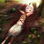  antennae duel_monster highres horns insect_girl leaf looking_at_viewer midriff monster_girl red_eyes silver_hair sukumo_(kemutai) traptrix_myrmeleo yuu-gi-ou 