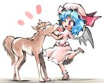  ;d bat_wings dress face_licking fang happy hat hat_ribbon highres horse licking one_eye_closed open_mouth petting pink_dress pony puffy_sleeves pun red_eyes remilia_scarlet ribbon shinapuu short_sleeves simple_background smile standing standing_on_one_leg tongue touhou white_background wings 