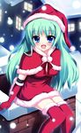  :d bad_id bad_pixiv_id blue_eyes capelet chimney fur_trim gloves green_hair highres long_hair looking_at_viewer open_mouth original pom_pom_(clothes) raiou red_capelet red_gloves red_legwear santa_costume sitting smile snow snowing solo tareme thighhighs very_long_hair zettai_ryouiki 