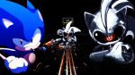  2boys black_eyes classic_sonic commentary english_commentary furry furry_male gloves highres male_focus mecha_sonic_mki multiple_boys one-eyed red_eyes smile sonic_(series) sonic_the_hedgehog sonic_the_hedgehog_(classic) sonic_the_hedgehog_2 uug_naa white_gloves 