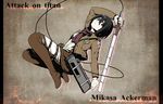  bad_id bad_twitter_id black_eyes black_hair boots character_name copyright_name emblem english erubo long_sleeves mikasa_ackerman paradis_military_uniform scarf shingeki_no_kyojin short_hair solo sword thigh_boots thighhighs three-dimensional_maneuver_gear training_corps_(emblem) weapon 