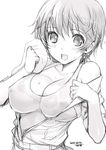  :d artist_name bad_id bad_twitter_id blush breasts cleavage covered_nipples dated idolmaster idolmaster_cinderella_girls kiya_shii large_breasts monochrome oikawa_shizuku open_clothes open_mouth short_hair sketch sleeves_rolled_up smile solo sweat wet wet_clothes 