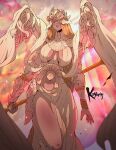  1girl armor artist_name blonde_hair braid breasts cleavage clothing_cutout covered_eyes dress elden_ring elden_ring_nightreign helmet helmet_over_eyes highres hip_armor holding holding_polearm holding_weapon koyorin large_breasts long_braid long_hair navel navel_cutout ornate_armor parted_lips polearm sarong single_braid solo spear very_long_hair weapon weapon_bequeathed_harmonia_(elden_ring) white_dress white_sarong wings 