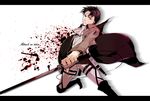  ascot black_hair blood boots cape copyright_name dual_wielding emblem holding jacket kinw levi_(shingeki_no_kyojin) male_focus paradis_military_uniform shingeki_no_kyojin solo sword thigh_strap three-dimensional_maneuver_gear weapon 