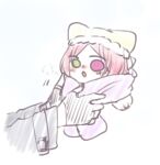  2girls :o adjusting_another's_clothes animal_ears animal_hands assault_lily black_gloves blue_background blush breath cat_ears cat_girl cat_paws chibi commentary_request cropped_torso funada_kiito fur-trimmed_headwear fur_trim gloves gradient_background green_eyes hat heterochromia kemonomimi_mode long_sleeves looking_at_another motion_lines multiple_girls nigari_(ngari_0115) nose_blush out_of_frame parted_bangs parted_lips partially_fingerless_gloves purple_scarf red_eyes red_hair scarf shiba_tomoshibi solid_eyes solo_focus two-tone_background white_background yellow_hat 