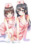  2girls :d all_fours attsun_(atsushi_jb) black_eyes black_hair blush breasts brown_eyes brown_hair character_request cleavage commentary_request garter_straps gloves hair_ornament hairclip hat hayami_momoka large_breasts long_hair looking_at_viewer multiple_girls nurse nurse_cap official_art open_mouth photoshop_(medium) seifuku! short_hair simple_background smile thighhighs white_background white_gloves white_legwear zettai_ryouiki 