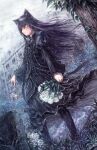  1girl animal_ears bell black_boots black_dress black_hair blunt_bangs boots bouquet cat_ears cat_girl closed_mouth commentary_request cross day dress dutch_angle flower frilled_ribbon frills full_body gothic_lolita grass highres holding holding_bell holding_bouquet inverted_cross jingle_bell juliet_sleeves lace-up_boots lolita_fashion long_hair long_sleeves mansion misaki_(kyal_001) original outdoors overcast puffy_sleeves rain ribbon rose sky solo standing tombstone white_flower white_rose white_sky yellow_eyes 