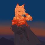  1girl animal_ears arknights choker coat dress fox_ears green_dress hand_up highres jianbing_zhizhu kal'tsit_(arknights) looking_at_viewer material_growth orange_theme oripathy_lesion_(arknights) see-through_clothes see-through_sleeves shadow short_hair sidelocks solo sunset twilight white_coat white_hair 