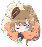  1girl adjusting_scarf bicorne blue_eyes brown_gloves brown_hat commentary_request gloves hat high_ponytail iyofika long_hair looking_at_viewer one_eye_closed orange_scarf plume ponytail portrait ragnarok_online scarf simple_background solo warlock_(ragnarok_online) white_background 