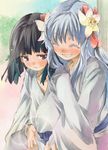  ^_^ black_hair closed_eyes hair_ornament hieda_no_akyuu hug hug_from_behind kamishirasawa_keine long_hair multiple_girls open_mouth purple_eyes robe silver_hair smile touhou yohane 