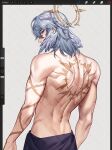  1boy arm_tattoo art_program_in_frame back back_tattoo commentary from_behind halo halo_behind_head head_wings highres honkai:_star_rail honkai_(series) looking_at_viewer looking_back male_focus medium_hair piercing rourouki solo sunday_(honkai:_star_rail) tattoo toned toned_male too_many_watermarks topless_male watermark wing_piercing wings yellow_eyes 