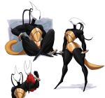  2girls absurdres alternate_muscle_size arthropod_girl biceps boopie bracelet chakram cloak flexing highres hollow_knight hollow_knight:_silksong hornet_(hollow_knight) jewelry multiple_girls muscular muscular_female red_cloak shakra_(hollow_knight) sitting weapon white_background white_mask 