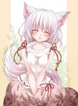  ^_^ animal_ears bare_shoulders blush breasts closed_eyes dress inubashiri_momiji medium_breasts no_hat no_headwear open_mouth ribbon seidou_(tukinomiyako) shirt short_hair silver_hair skirt sleeveless sleeveless_shirt smile solo tail touhou v_arms white_hair wolf_ears wolf_tail 