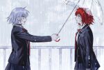  2girls ahoge choker collared_shirt cowboy_shot crying day easel_(dam0628) fate/grand_order fate_(series) fence fujimaru_ritsuka_(female) grey_hair grey_sky hair_ornament hair_scrunchie highres holding holding_umbrella jacket jeanne_d'arc_alter_(fate) long_sleeves looking_at_another multiple_girls necktie one_side_up open_mouth orange_eyes orange_hair outdoors profile rain school_uniform scrunchie shirt short_hair side_ponytail skirt sky umbrella wet yellow_eyes 