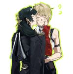  2girls arm_strap astra_yao bare_shoulders black_choker black_coat black_gloves black_hair black_pants blonde_hair blush borrowed_clothes chest_harness choker closed_eyes closed_mouth coat commentary earrings english_commentary evelyn_chevalier flying_sweatdrops gloves green_outline hair_intakes hairband hand_on_another's_back hand_on_another's_face harness high-waist_pants highres jewelry kiss kissing_cheek light_smile long_hair multiple_girls outline pants partially_fingerless_gloves pendant_choker red_shrug ring_hair_ornament sanguinegaze shirt shrug_(clothing) simple_background white_background white_hairband white_shirt yuri zenless_zone_zero 